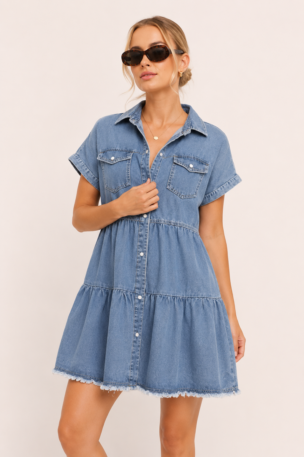 Robe courte denim col revers manches courtes jupe étages ourlet effiloché vacances - Heike