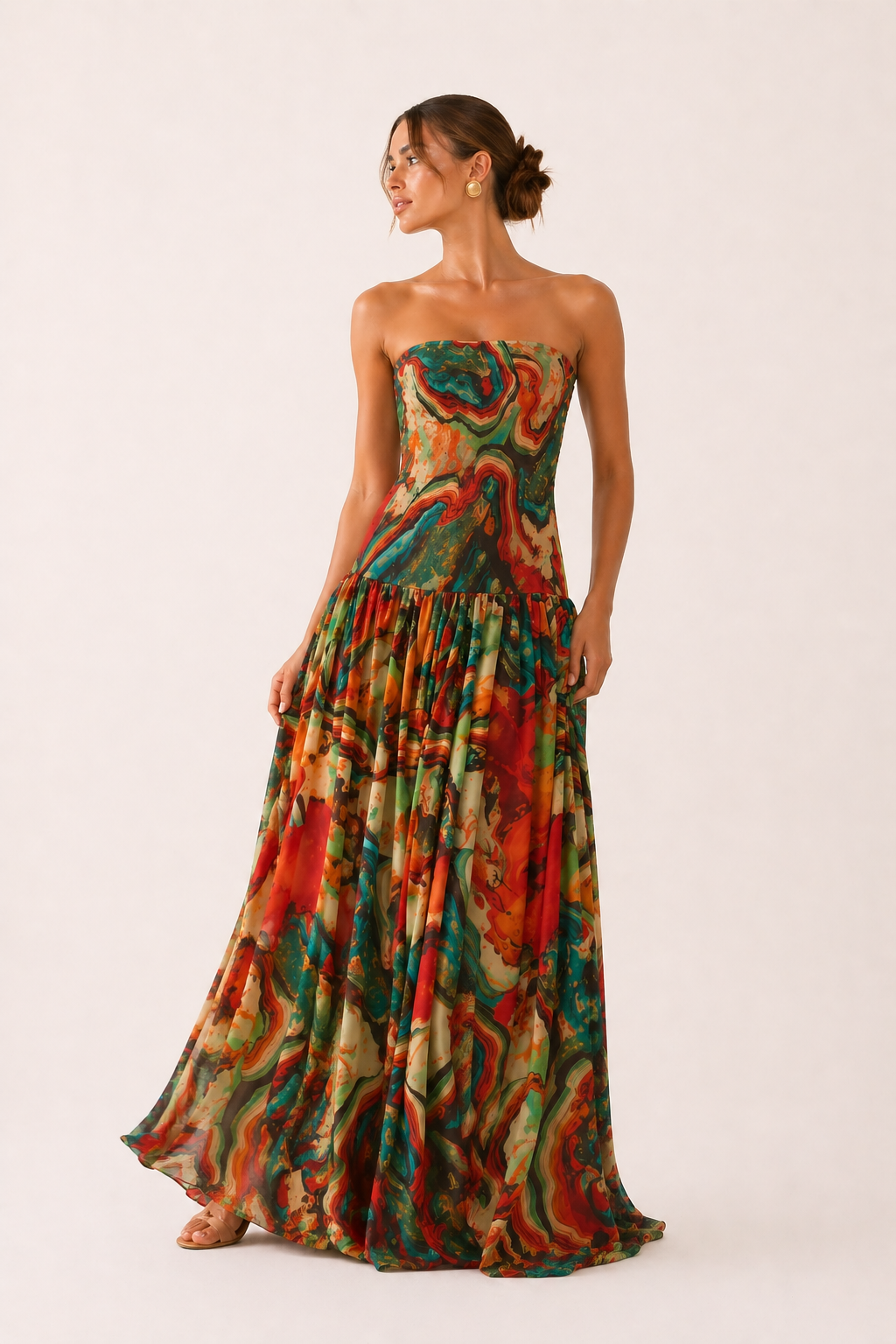 Robe longue sans bretelles corsage ajusté jupe large imprimée été - Hellen