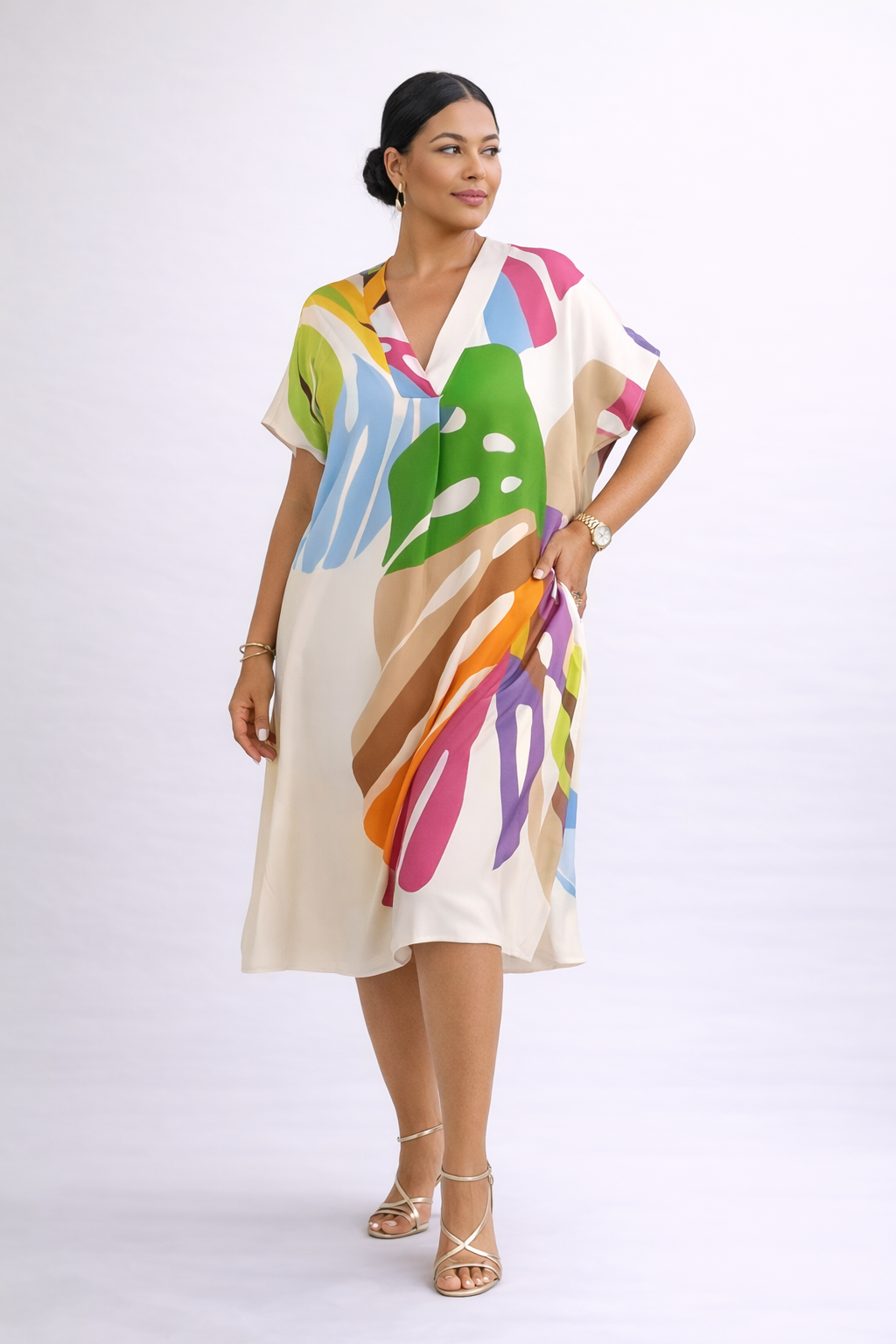 Robe midi ample décolleté en V imprimé feuilles abstraites contrasté - Roos
