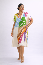 Robe midi ample décolleté en V imprimé feuilles abstraites contrasté - Roos