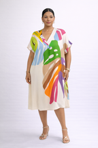 Robe midi ample décolleté en V imprimé feuilles abstraites contrasté - Roos
