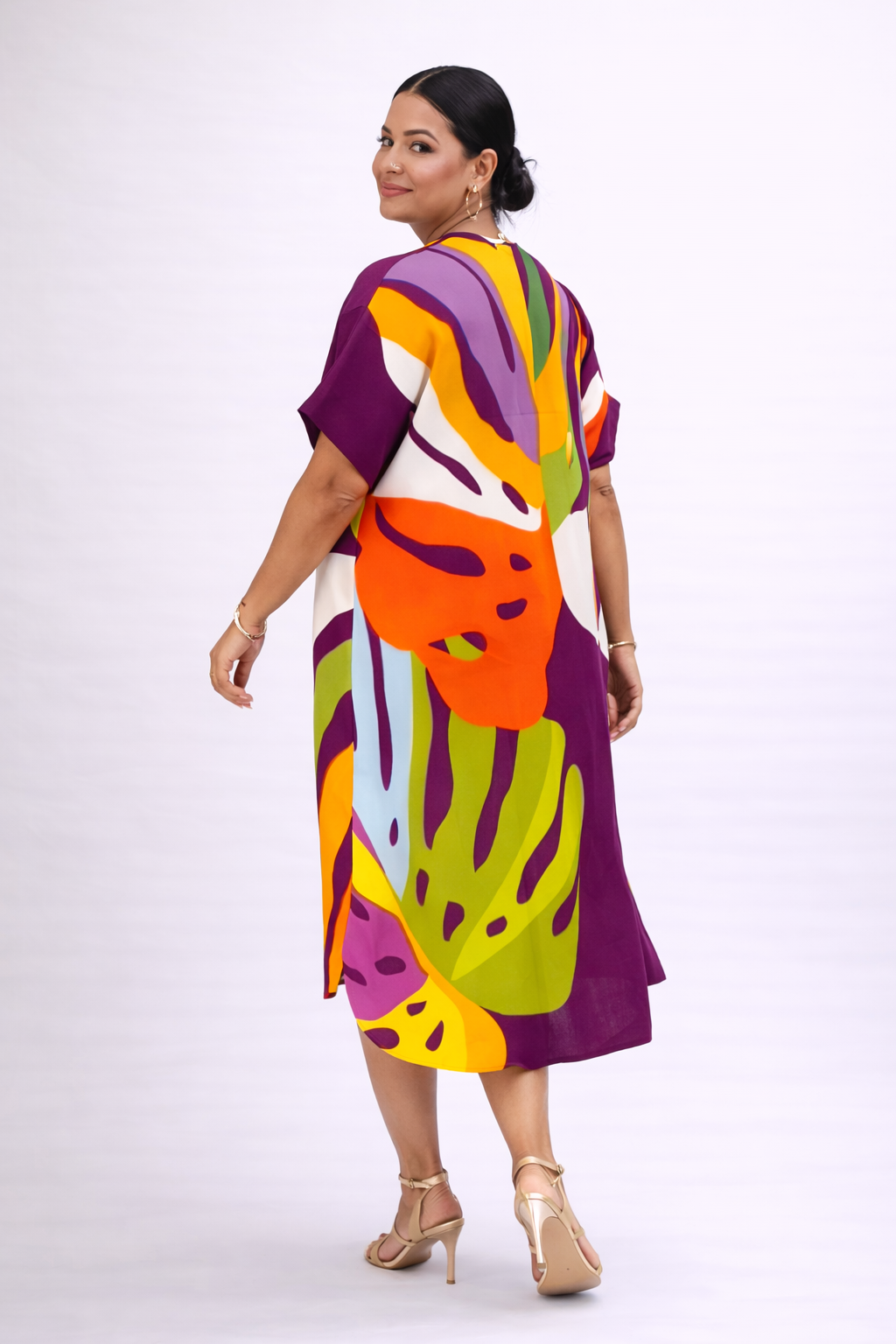 Robe midi ample décolleté en V imprimé feuilles abstraites contrasté - Roos