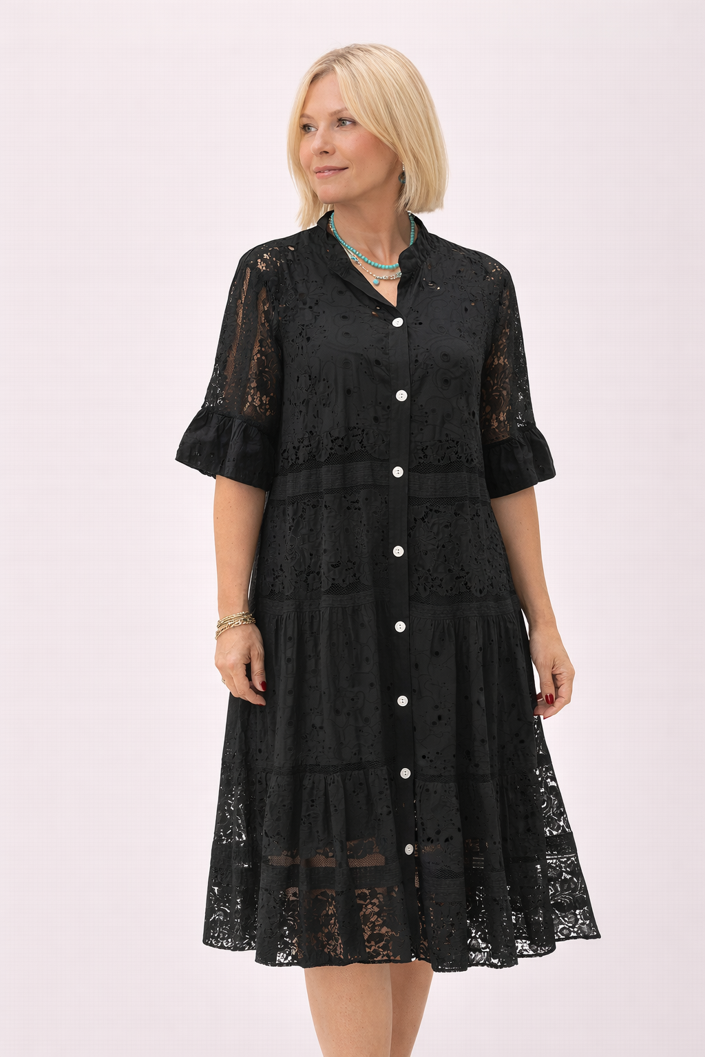 Robe femme broderies décoratives boutonnage devant détails ajourés - Merker
