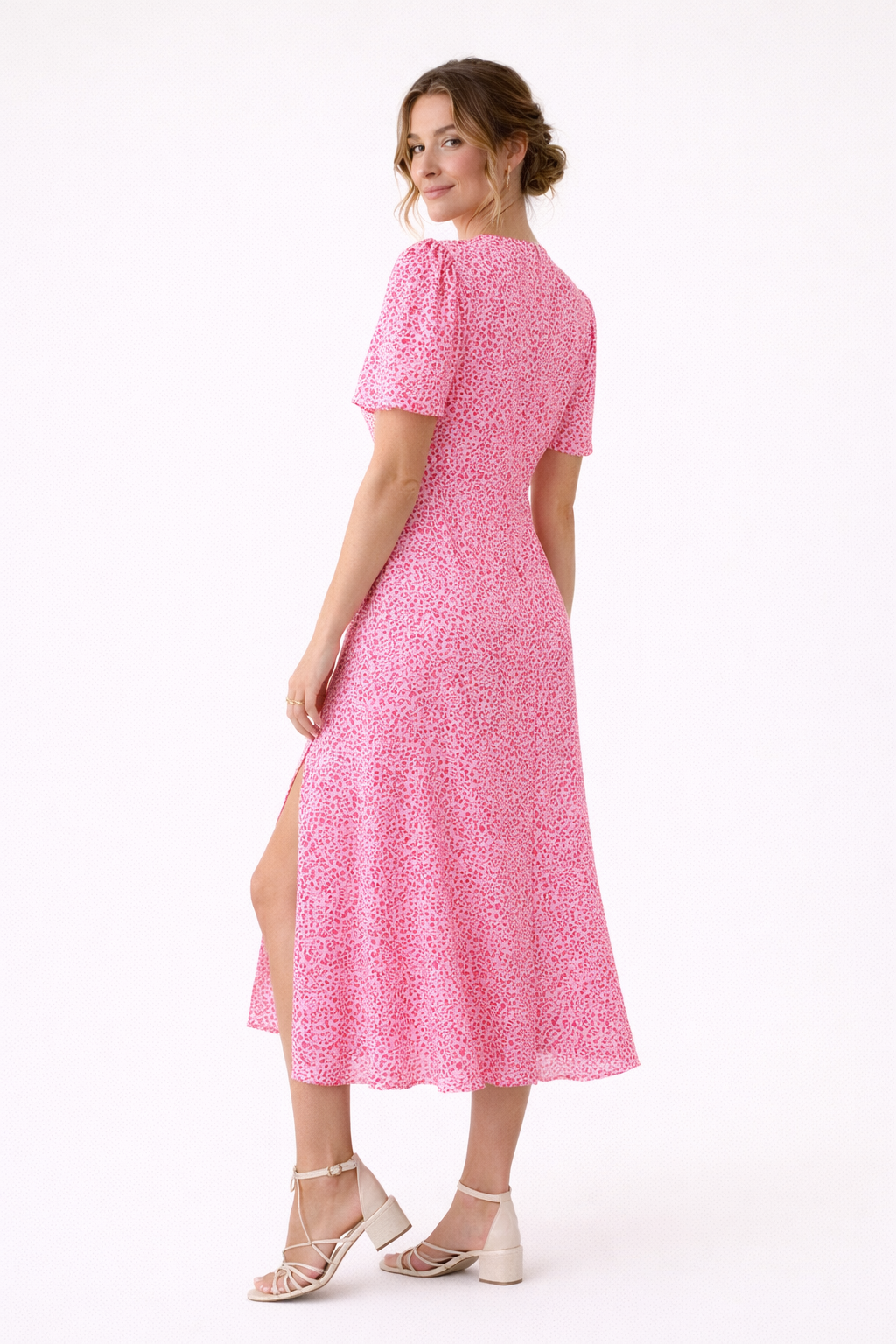 Robe midi décolleté en V fente devant imprimé délicat fluide - Lamal
