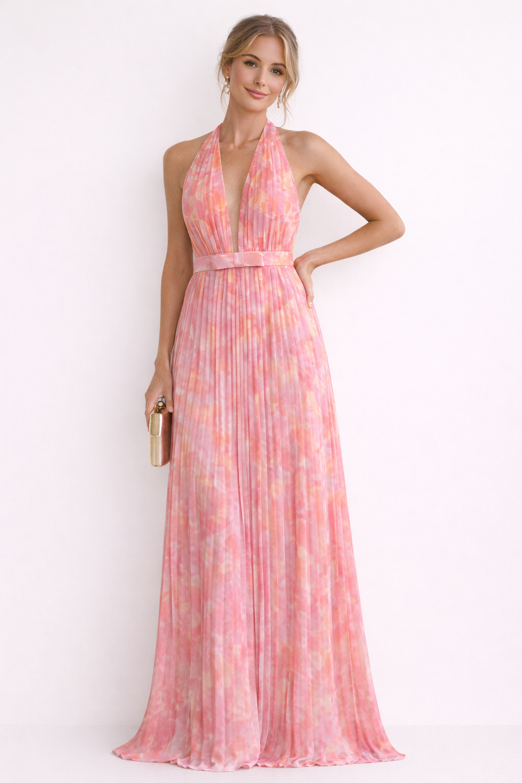 Robe maxi dos nu décolleté en V profond tissu plissé imprimé - Kamila