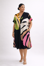 Robe midi ample décolleté en V imprimé feuilles abstraites contrasté - Roos