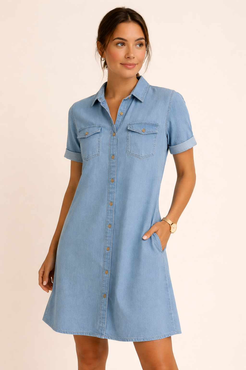 Robe chemise denim femme boutonnée devant poches poitrine longueur genou - Claire
