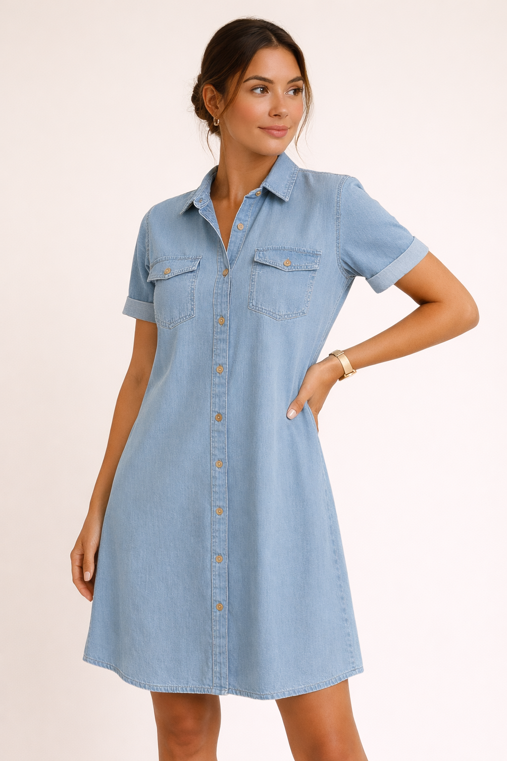 Robe chemise denim femme boutonnée devant poches poitrine longueur genou - Claire