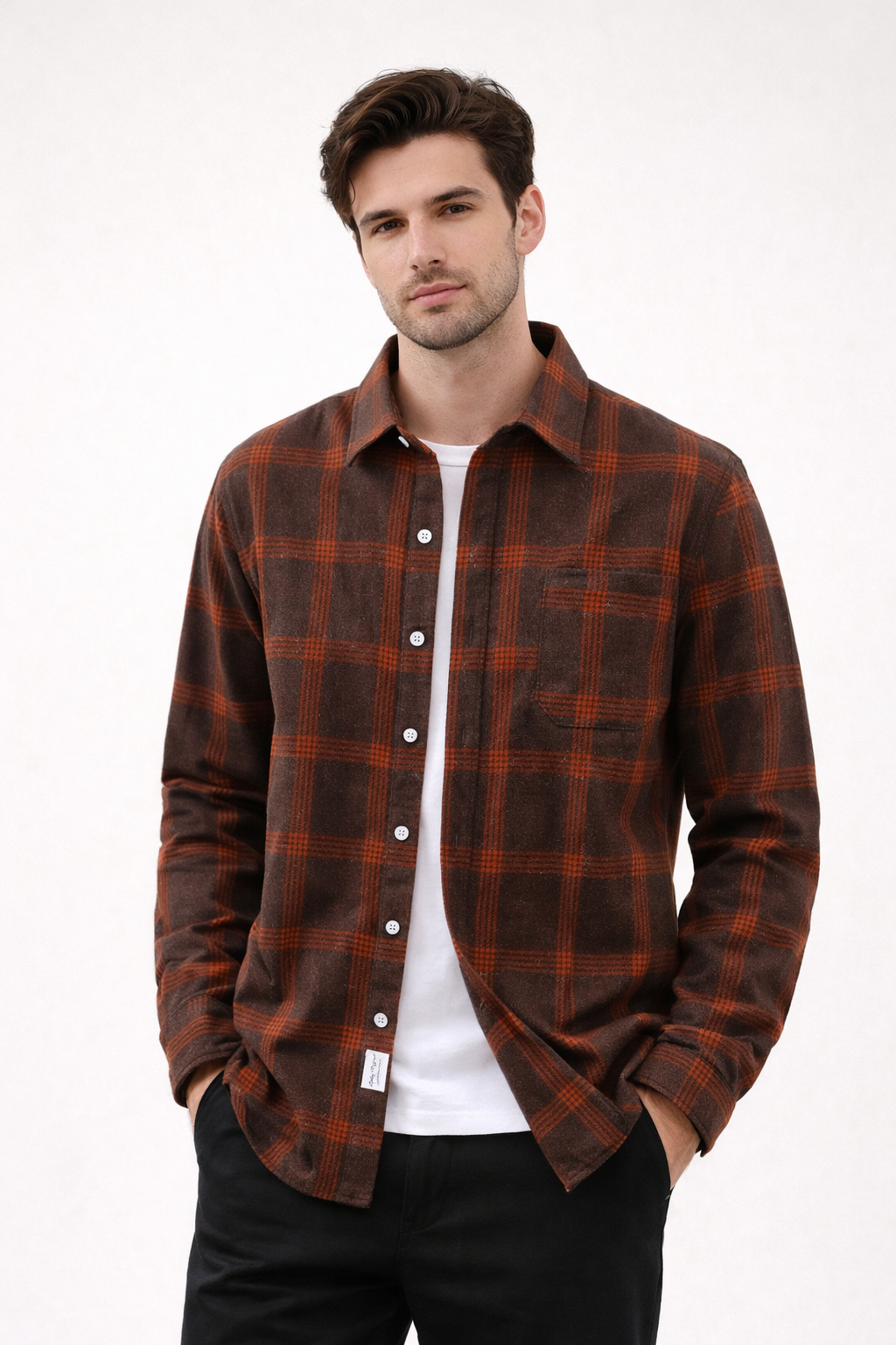 Chemise à manches longues en tissu doux à carreaux avec poche poitrine fonctionnelle - Noyel