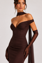 Robe de soirée longue pour femme, avec décolleté Bardot et châle - Fanny