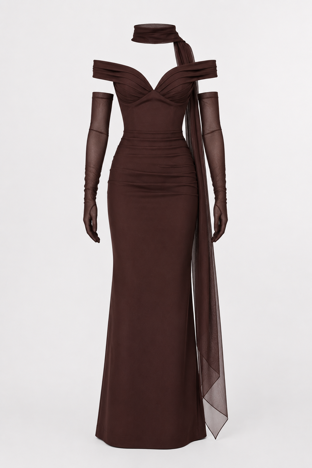 Robe de soirée longue pour femme, avec décolleté Bardot et châle - Fanny