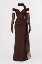 Robe de soirée longue pour femme, avec décolleté Bardot et châle - Fanny