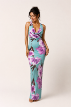 Robe longue femme floral encolure drapée élégante soirée - Peony