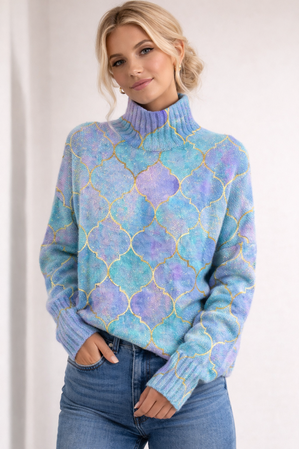 Pull en jersey tricoté con tombé fluide et col montant, ample pour femmes - Nerava