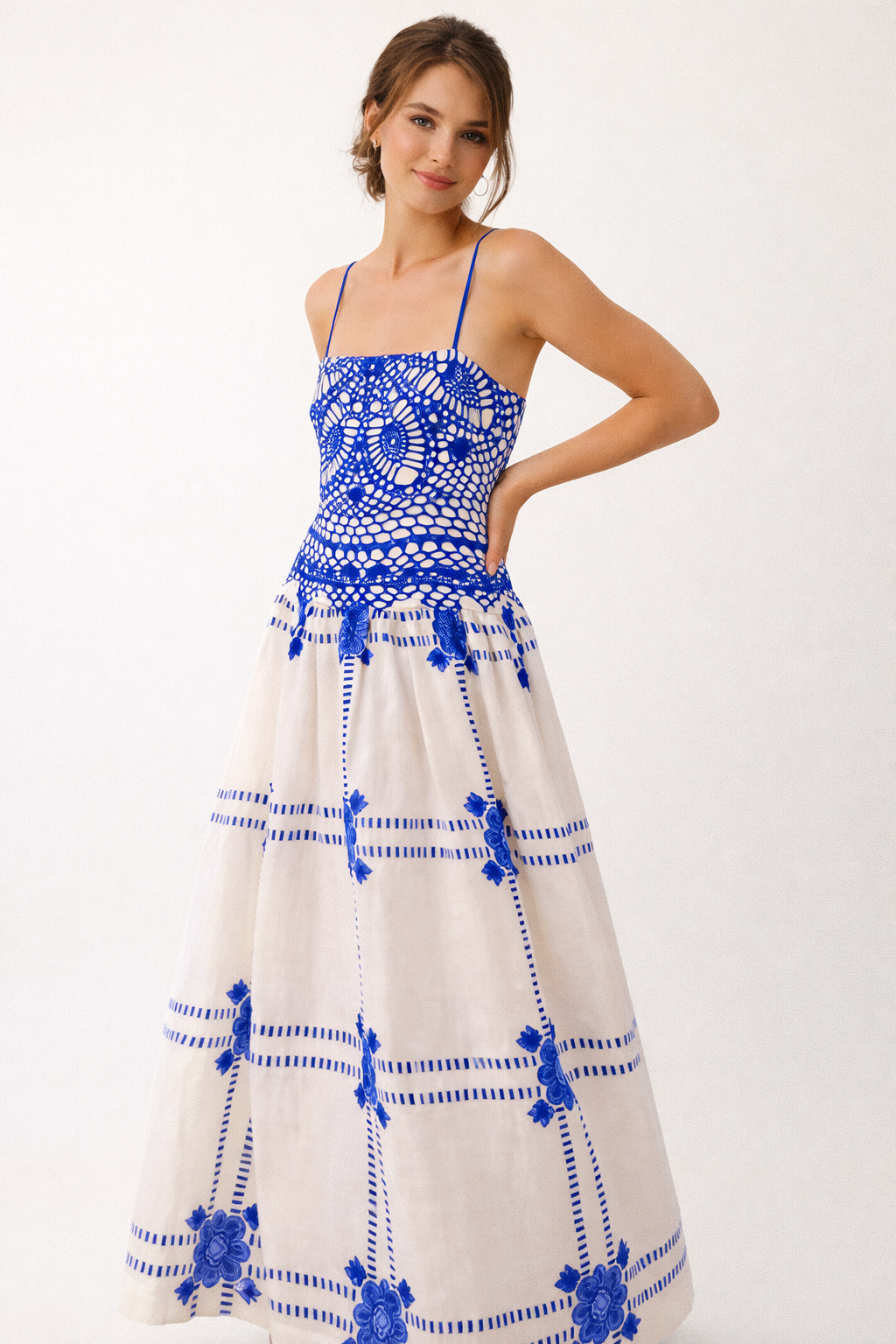 Robe midi fines bretelles imprimé crochet jupe évasée - Alba