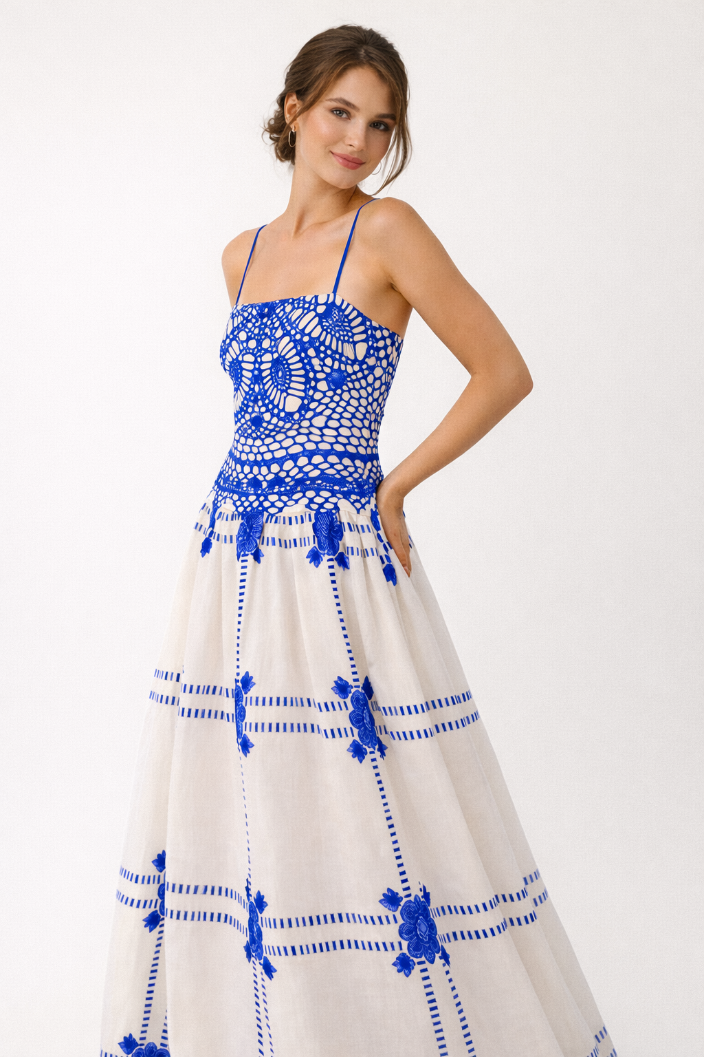 Robe midi fines bretelles imprimé crochet jupe évasée - Alba