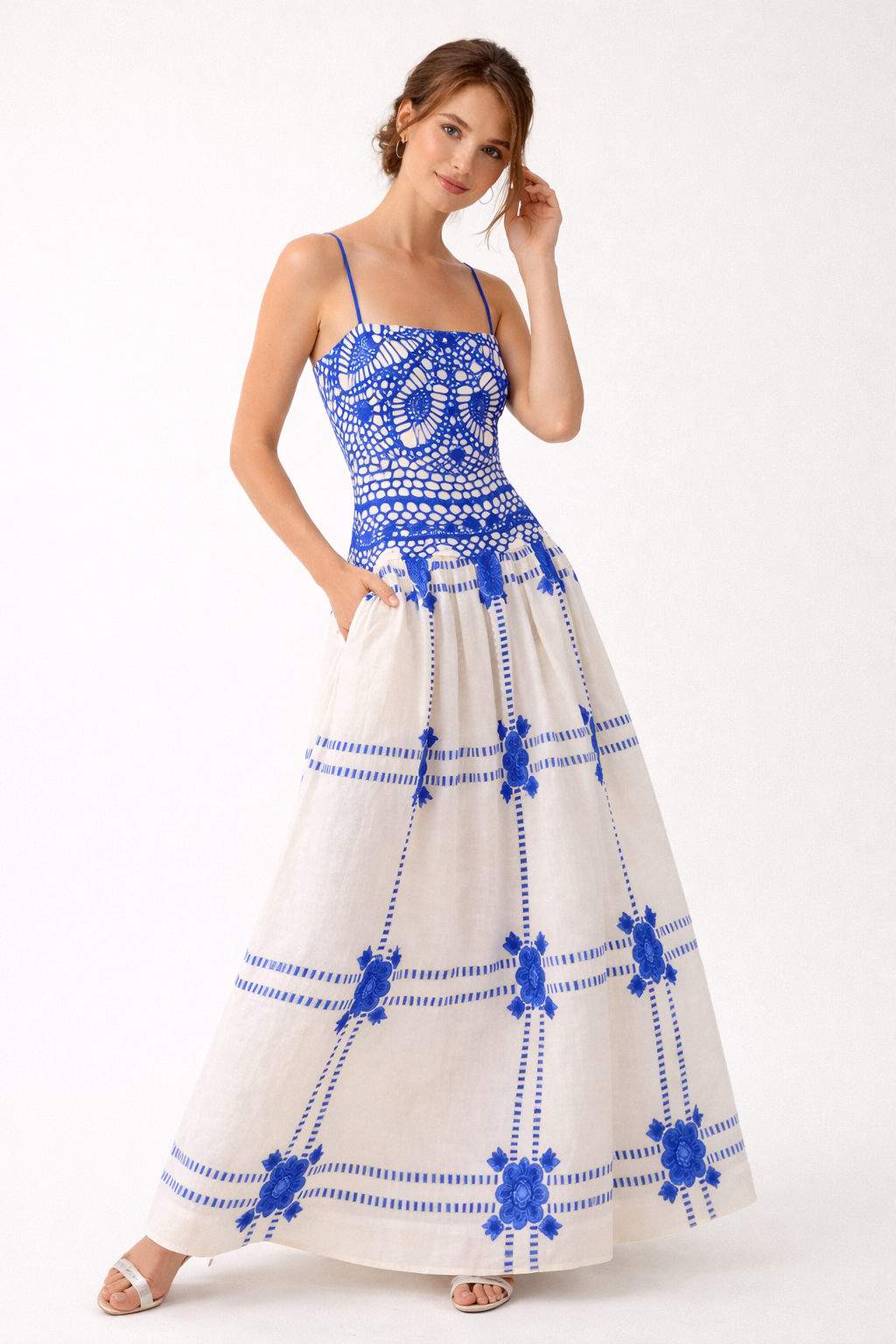 Robe midi fines bretelles imprimé crochet jupe évasée - Alba