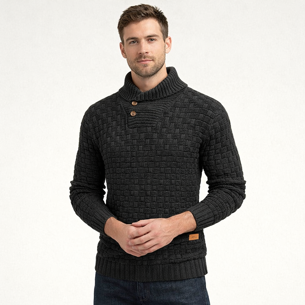 Pull en maille pour homme avec col montant et fermeture partielle par boutons, coupe droite et surface texturée - Keldor
