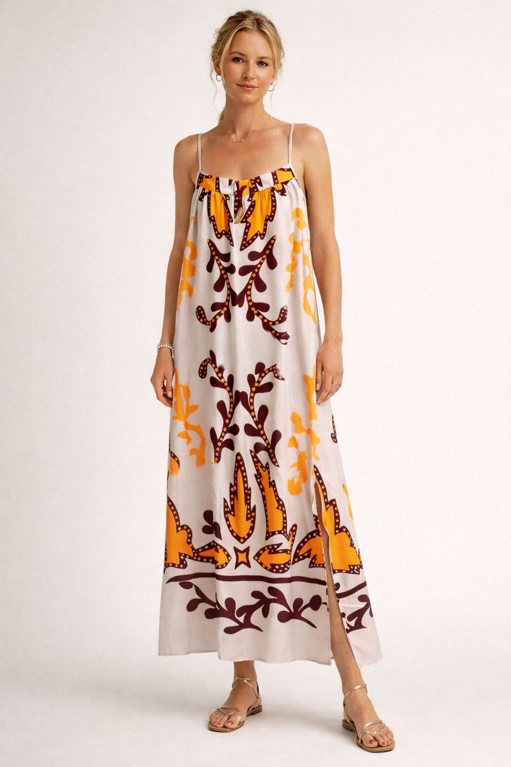Robe longue bretelles motif ethnique pour femme - Alma