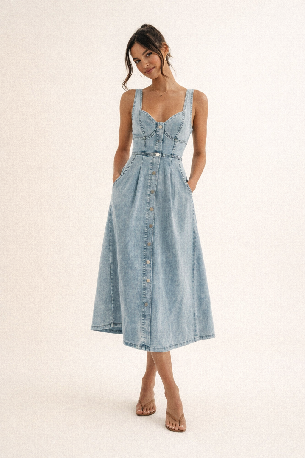 Robe midi en jean style printanier silhouette féminine - Elowen