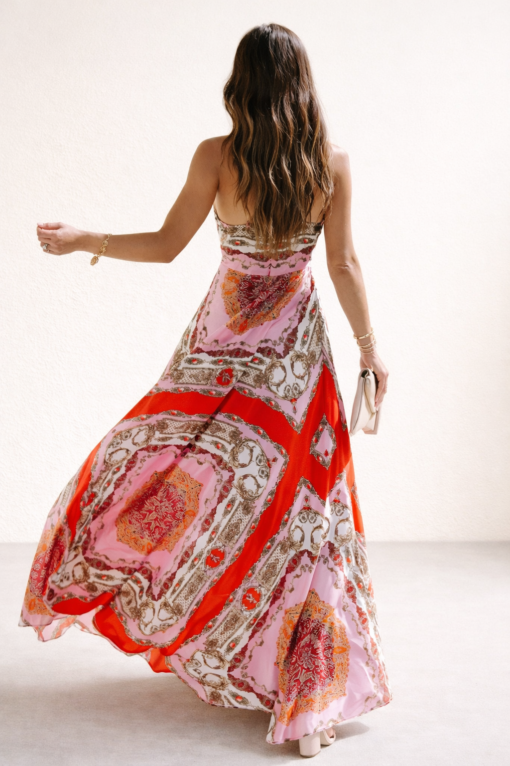 Robe longue femme bohème dos nu fluide imprimée - Elisa