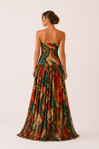 Robe longue sans bretelles corsage ajusté jupe large imprimée été - Hellen