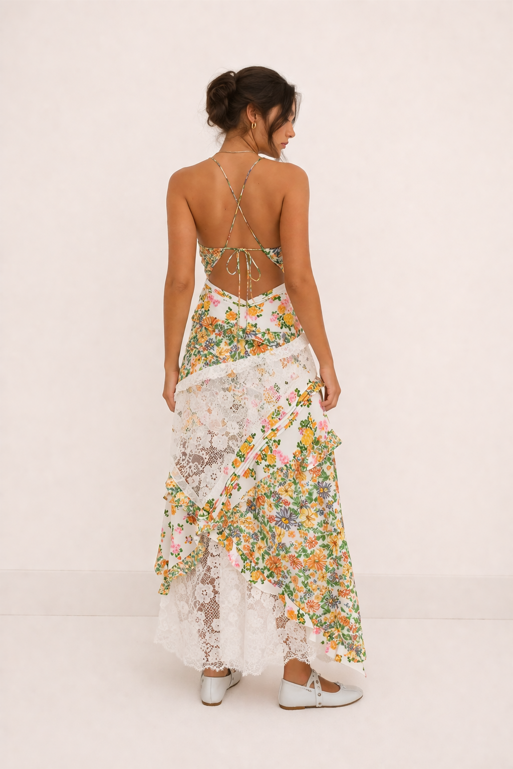 Robe longue fines bretelles dentelle florale panneaux superposés été - Danira