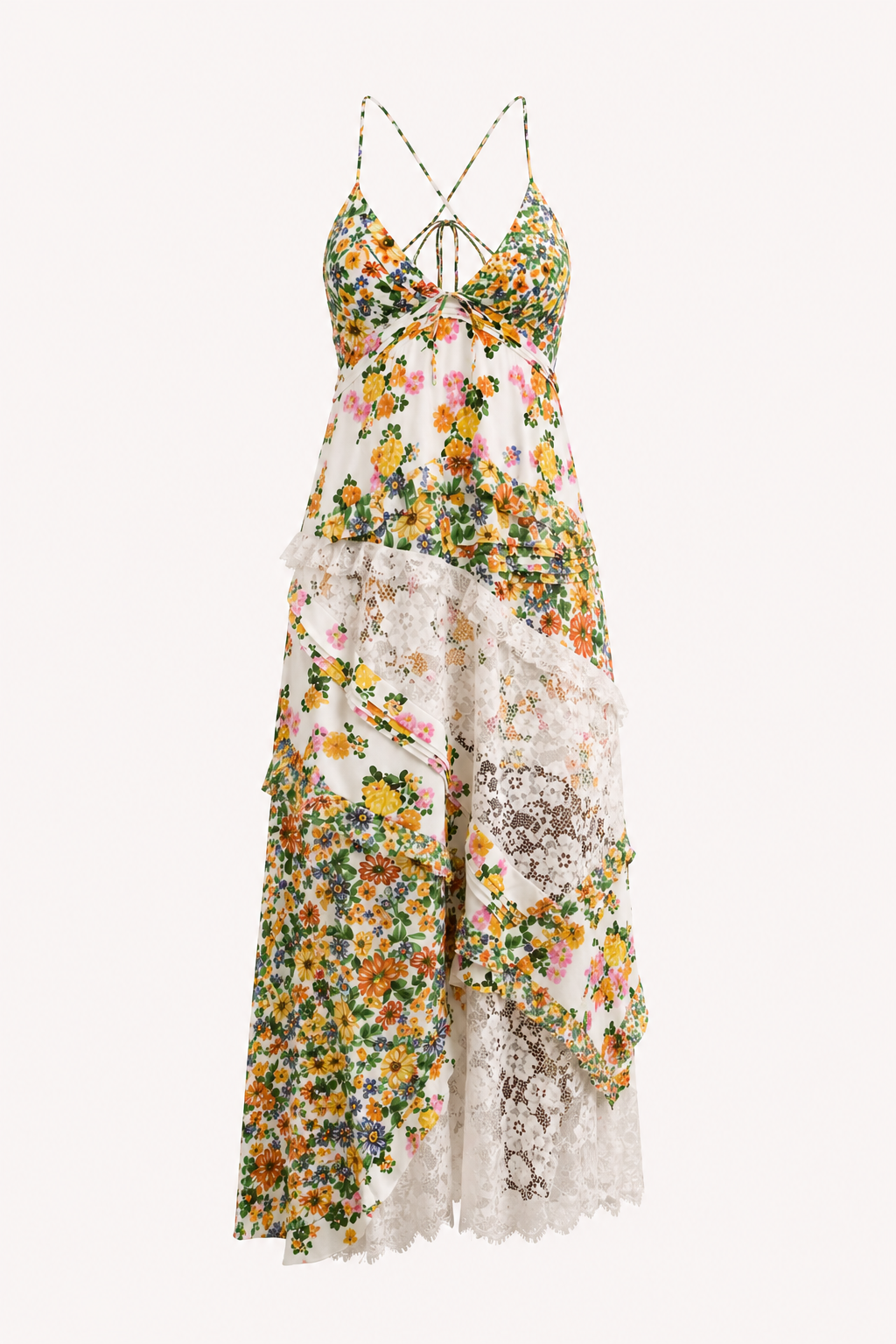 Robe longue fines bretelles dentelle florale panneaux superposés été - Danira