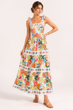 Robe midi été bretelles nouées imprimé floral bandes horizontales vacances - Estela