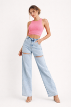 Pantalon évasé taille haute tissu côtelé extensible - Emilia