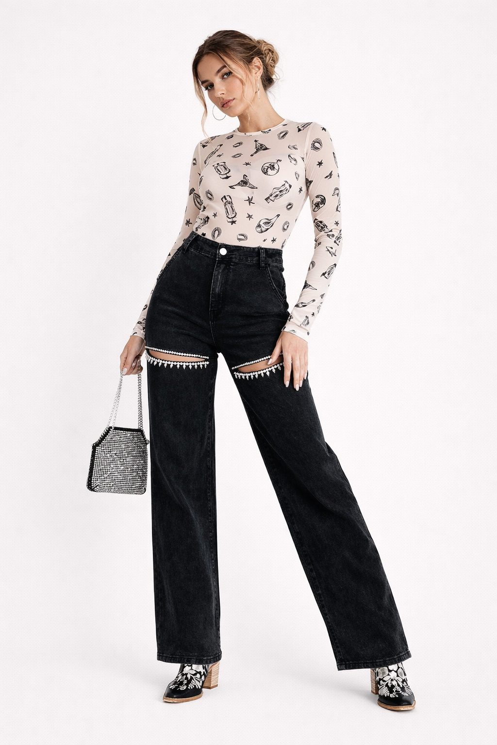 Pantalon évasé taille haute tissu côtelé extensible - Emilia