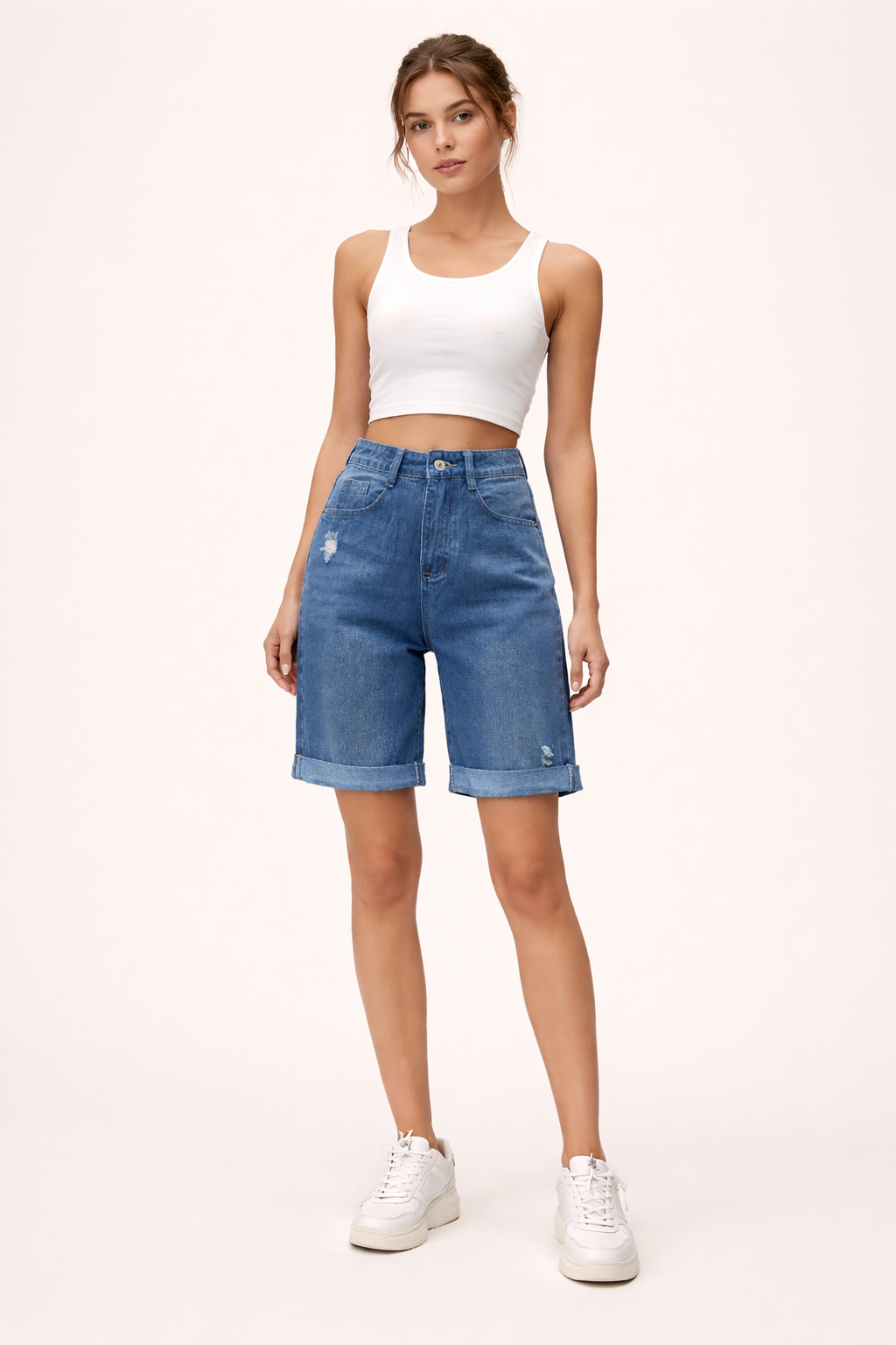 Bermuda denim effiloché ourlet plié longueur cuisse - Charlotte