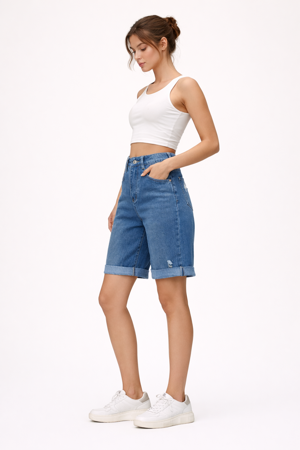Bermuda denim effiloché ourlet plié longueur cuisse - Charlotte