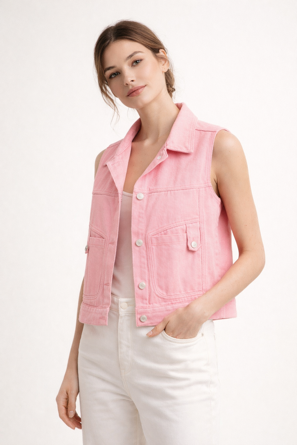 Gilet court denim sans manches poches - Victoria
