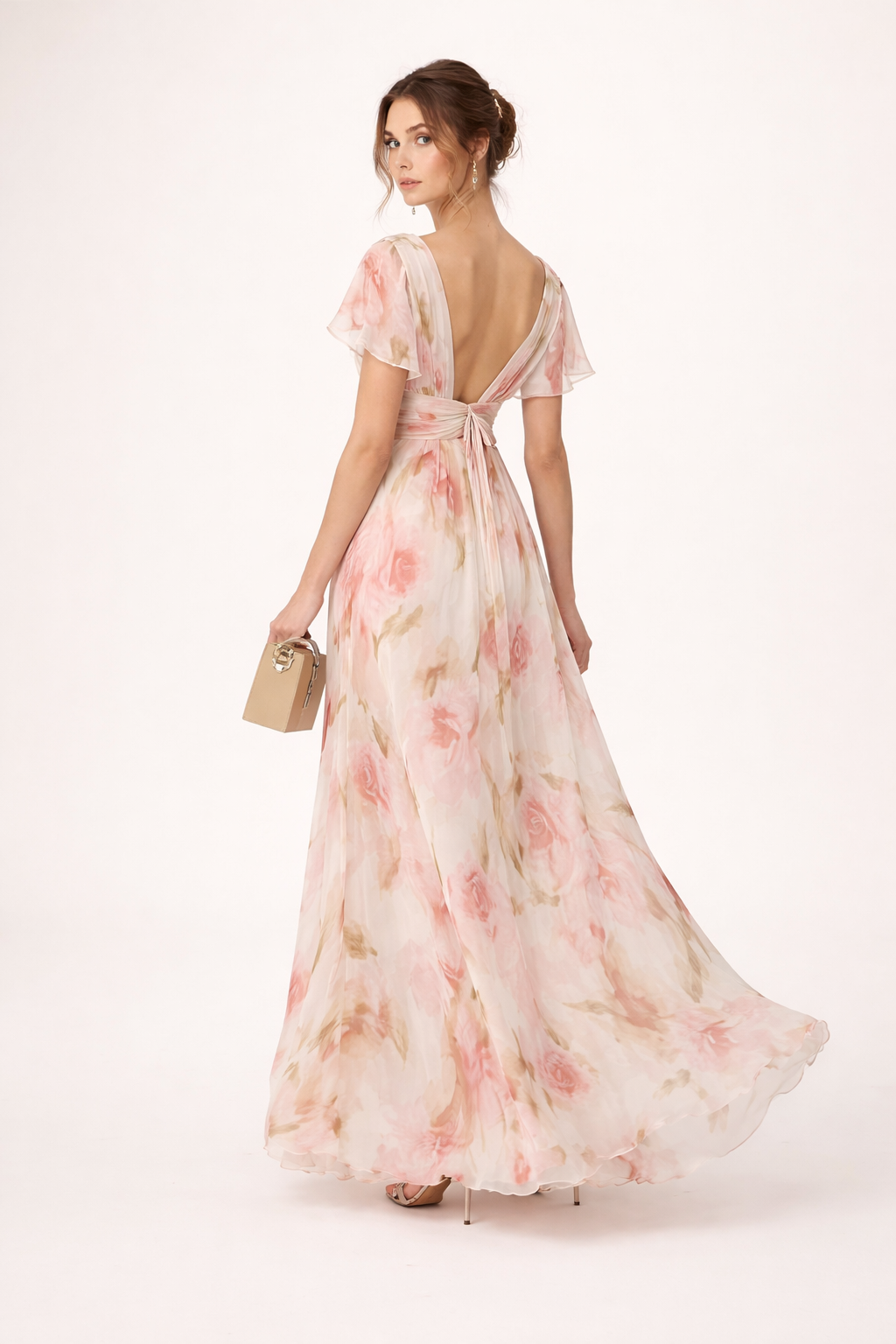 Robe longue fleurie décolleté en V manches drapées - Isabella
