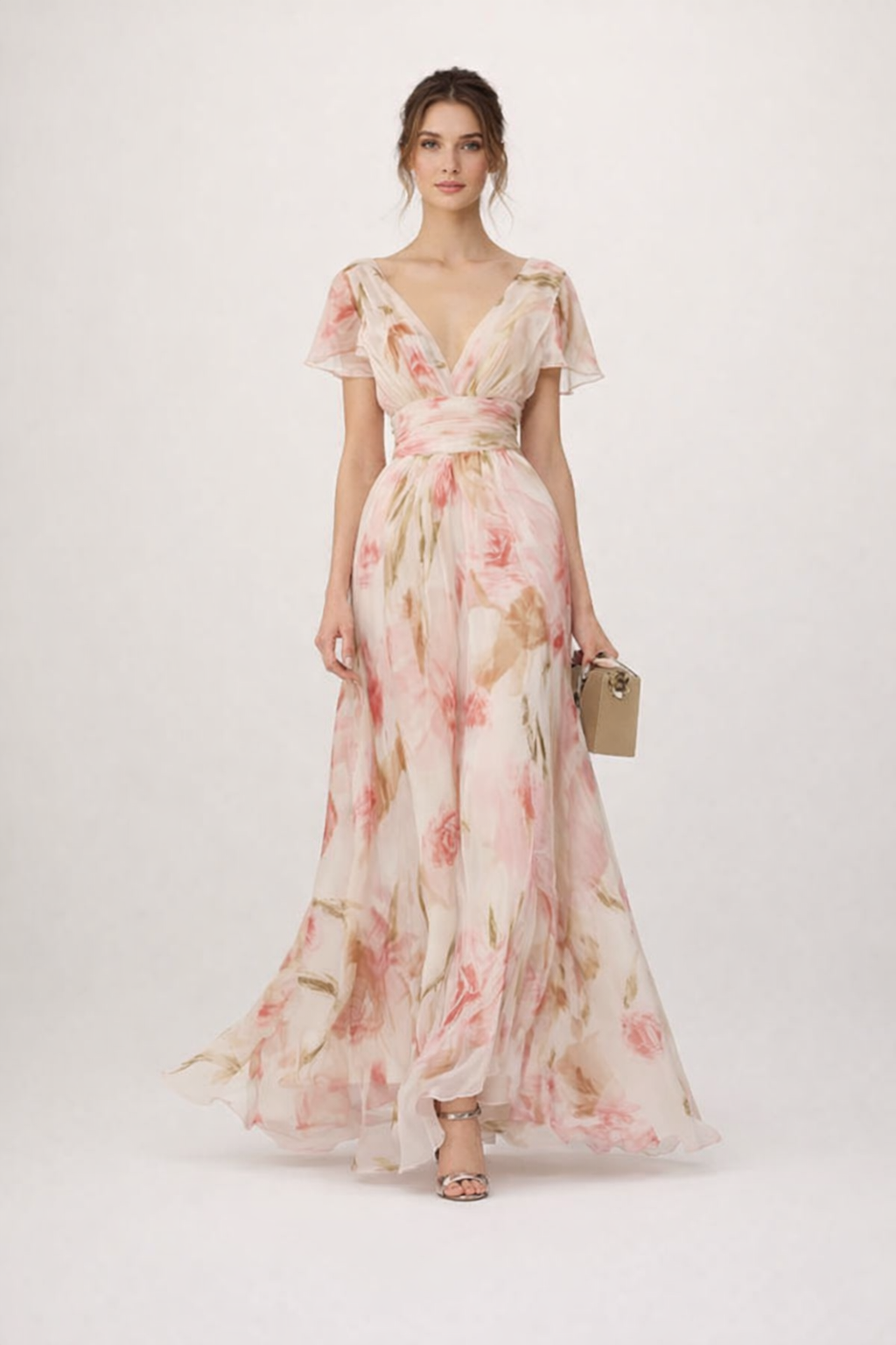 Robe longue fleurie décolleté en V manches drapées - Isabella