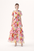 Robe longue fleurie à volants encolure en V - Alessandra