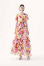 Robe longue fleurie à volants encolure en V - Alessandra