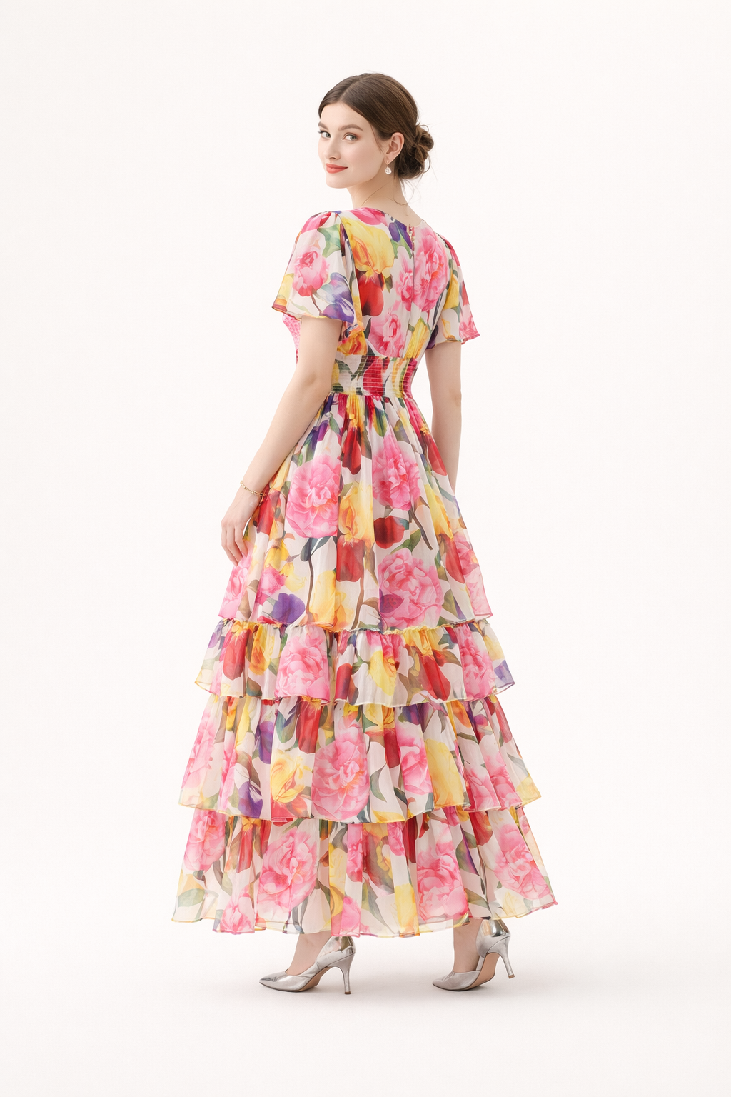 Robe longue fleurie à volants encolure en V - Alessandra