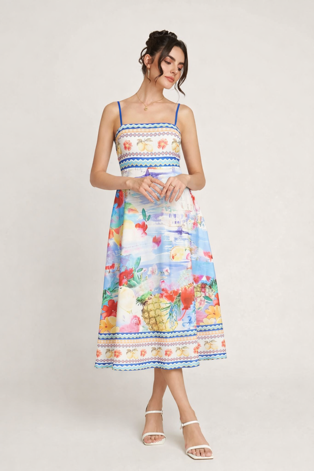 Robe midi femme encolure droite motif fleuri saison estivale - Mirela