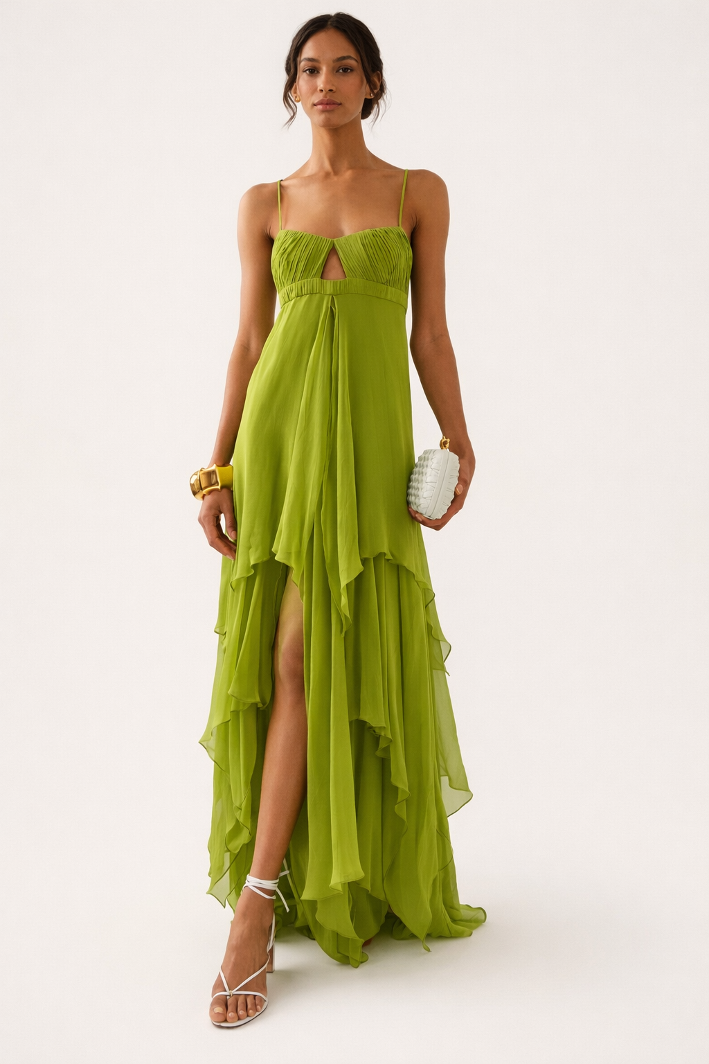 Robe longue mousseline fente devant buste plissé - Helga