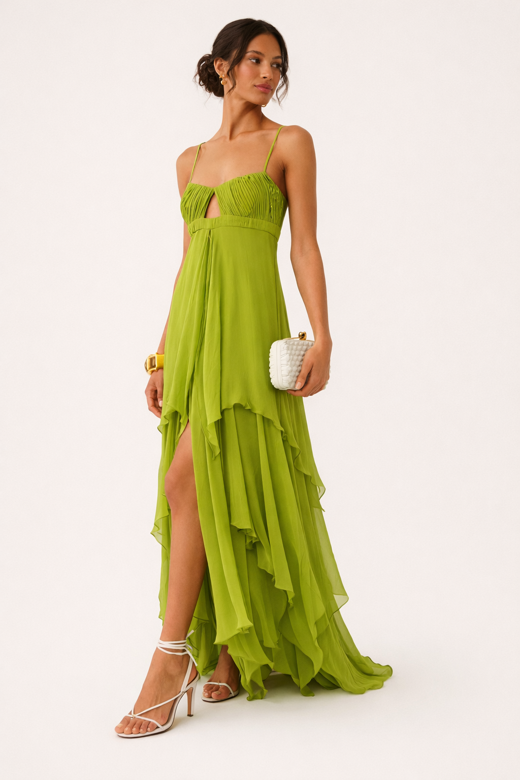 Robe longue mousseline fente devant buste plissé - Helga