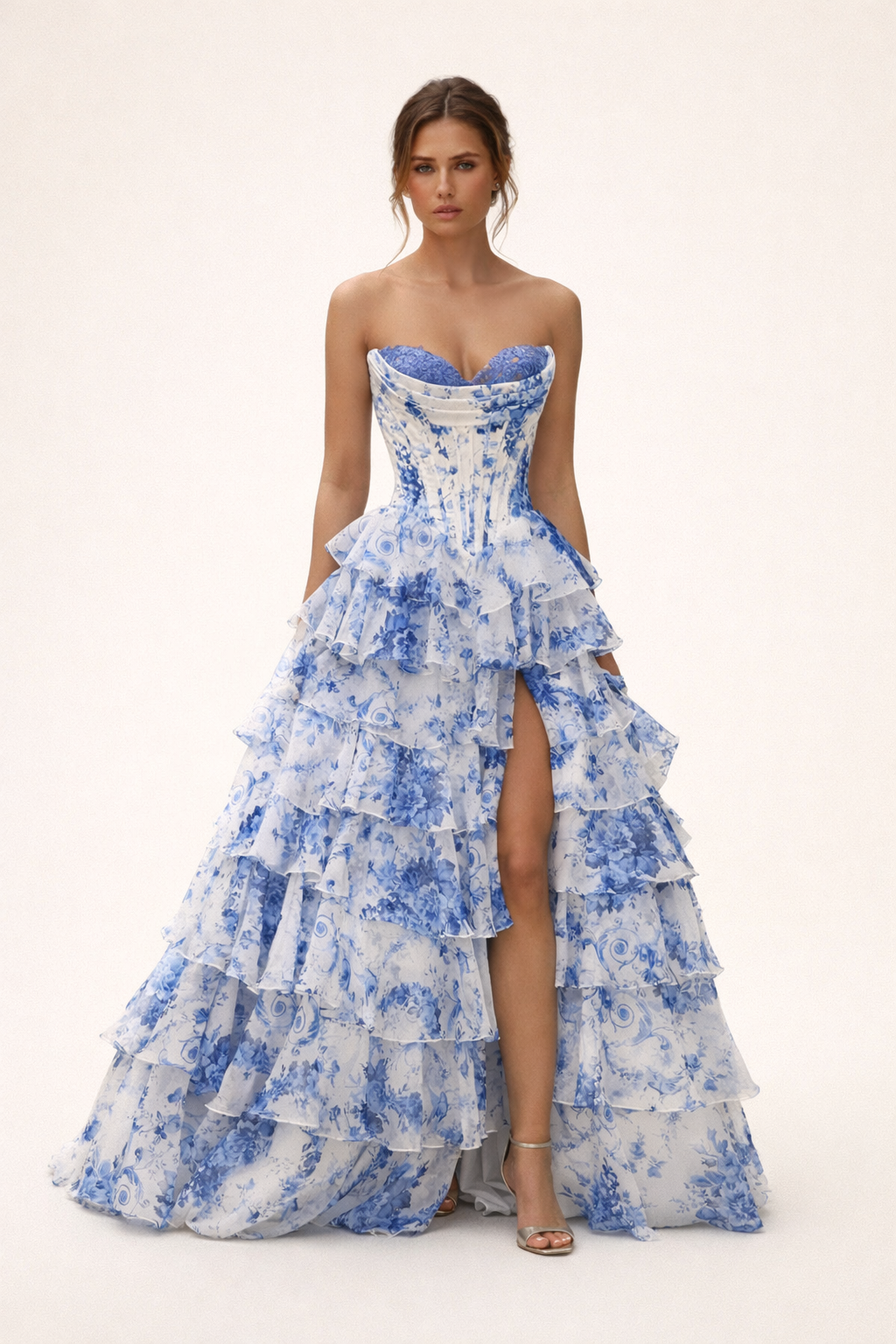 Robe longue bustier cœur imprimé floral superposé - Ivoire