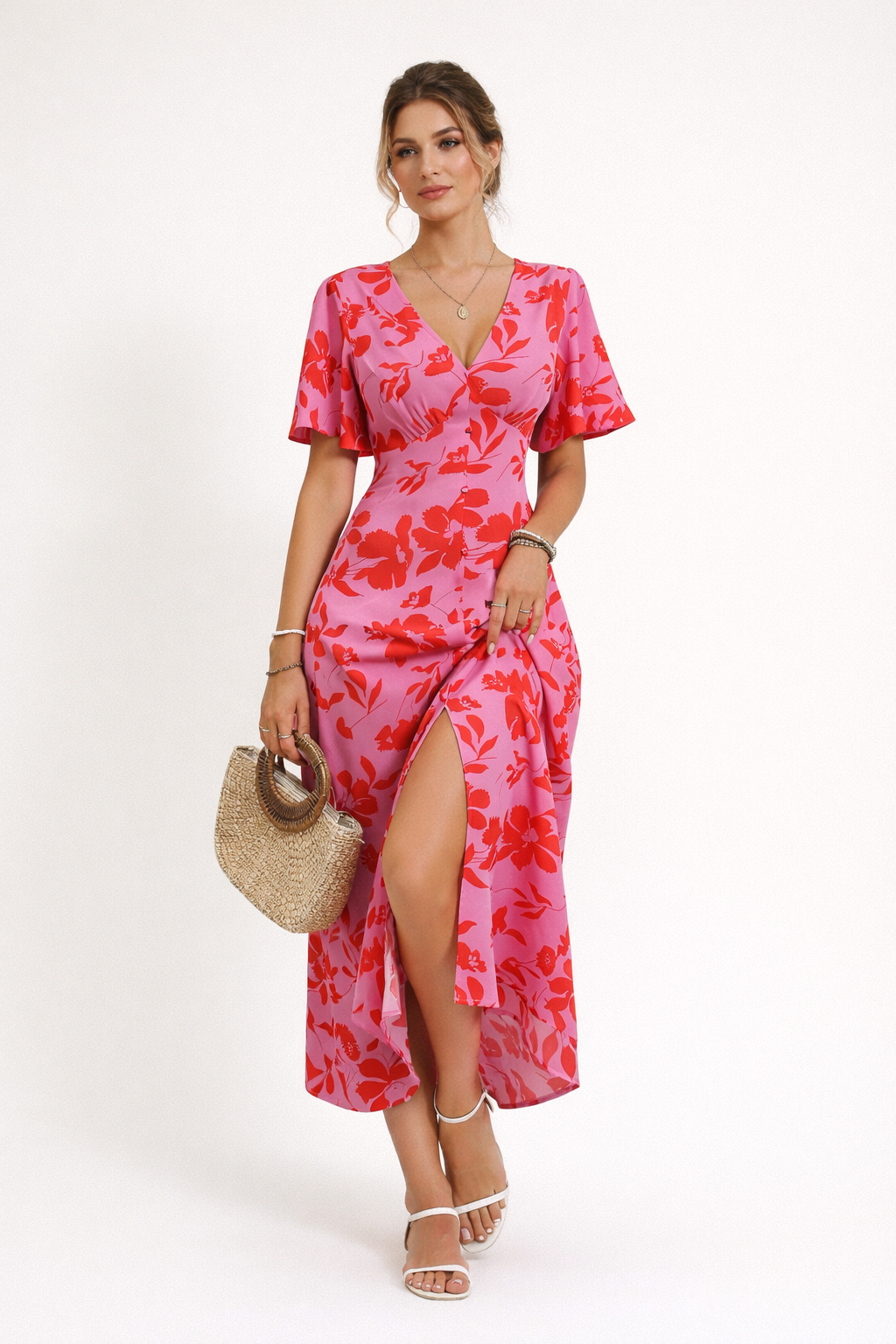 Robe midi à imprimé floral à fente sur le devant pour femmes - Amalia