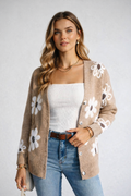 Cardigan en maille avec motif floral pour femme, toucher doux et drapé naturel, fermeture par bouton - Arveth