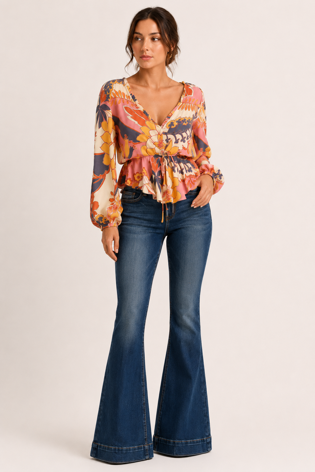 Jean évasé pour femme, élastique, taille mi-haute, à jambes largement évasées - Elke