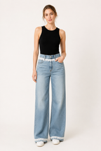 Jean femme à jambes larges et taille haute, avec détail en dentelle - Irma