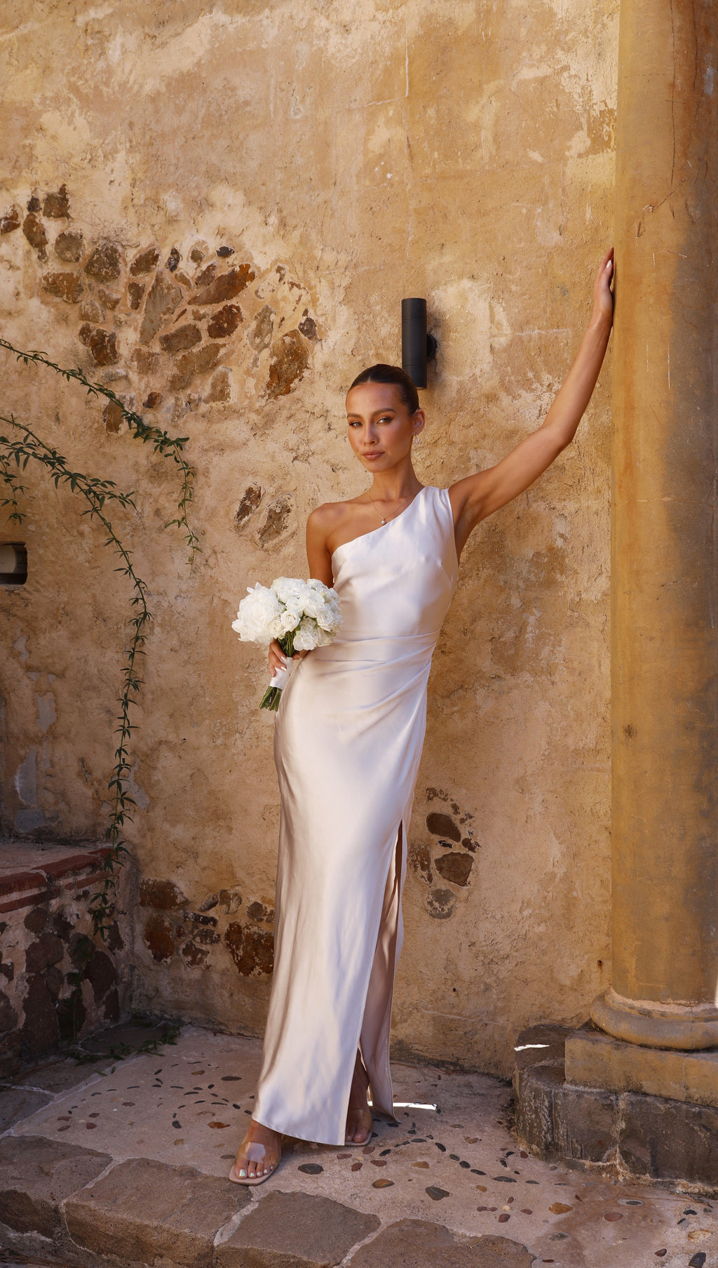 Vestido largo mujer un solo hombro fruncido cintura abertura frontal elegante - Marim