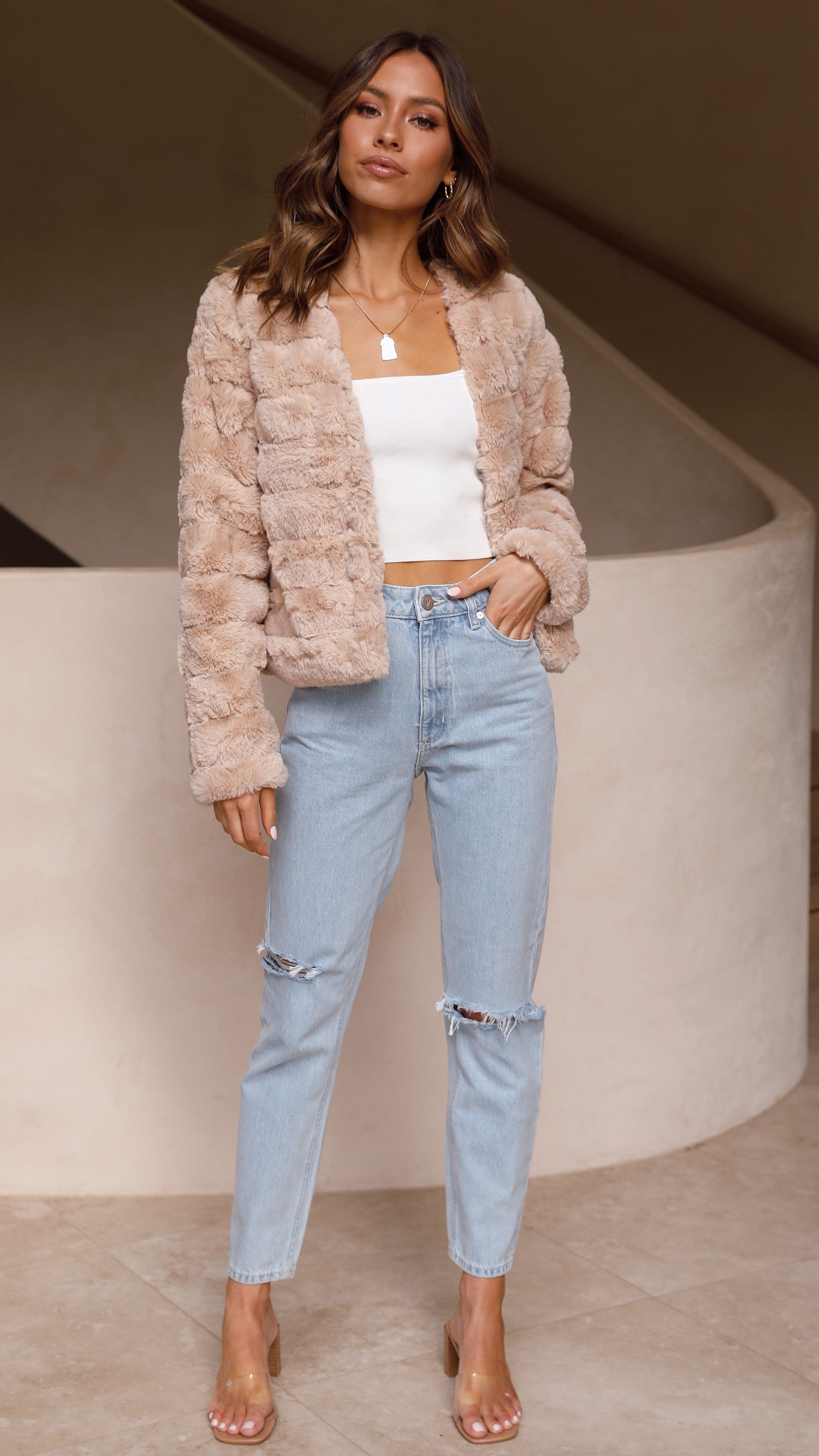 Chaqueta corta mujer pelo sintético suave cierre frontal bolsillos elegante casual - Mirna