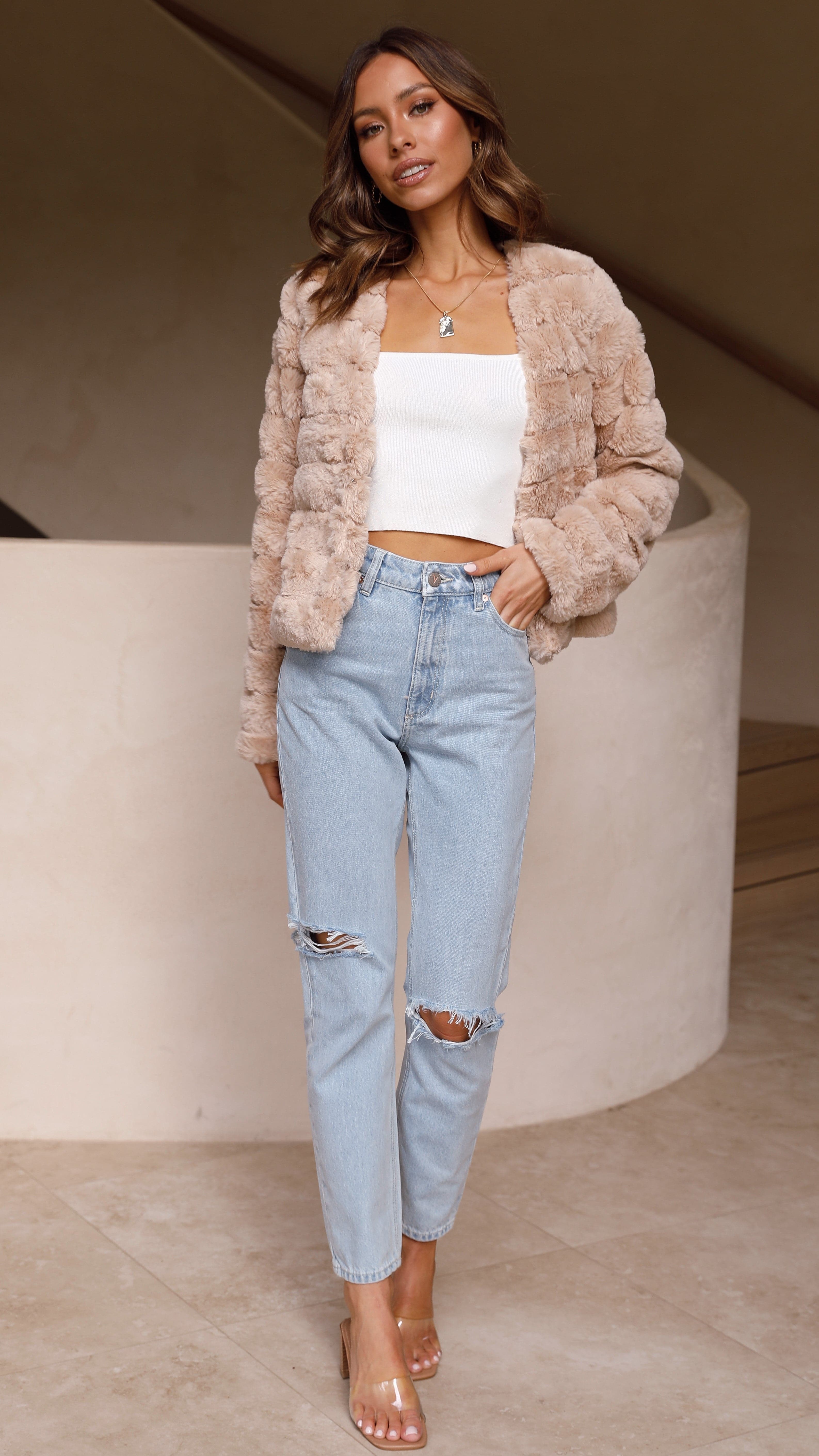 Chaqueta corta mujer pelo sintético suave cierre frontal bolsillos elegante casual - Mirna